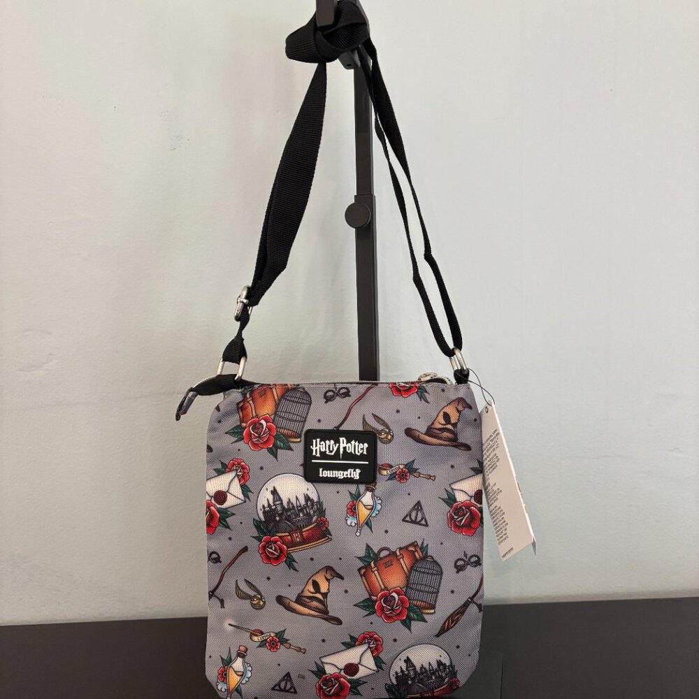 Loungefly Harry Potter Grey Passport Relics Tattoo Print Nylon Crossbody NWT